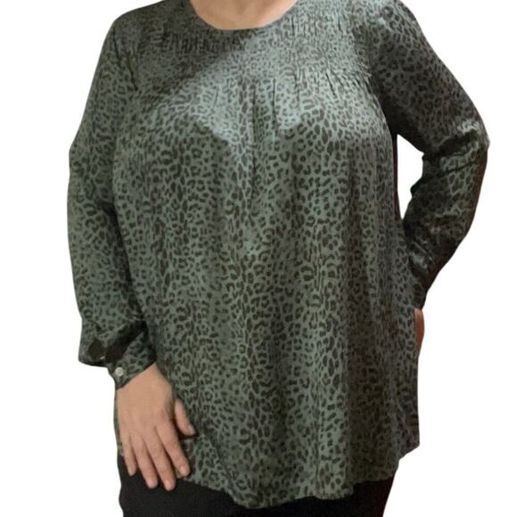 J.Jill Womens Animal Print Teal Smocked Long Sleeve Blouse Size Large - Picture 11 of 11